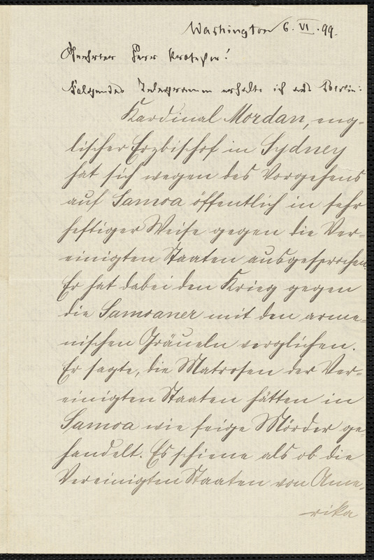 Holleben, Theodor von, 1838-1913 manuscript letter signed to Hugo Münsterberg, Washington, 6 June 1899