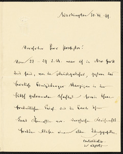 Holleben, Theodor von, 1838-1913 autograph letter signed to Hugo Münsterberg, Washington, 30 December 1899