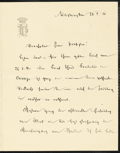 Holleben, Theodor von, 1838-1913 autograph letter signed to Hugo Münsterberg, Washington, 28 May 1901