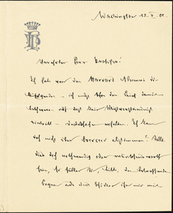 Holleben, Theodor von, 1838-1913 autograph letter signed to Hugo Münsterberg, Washington, 12 May 1902