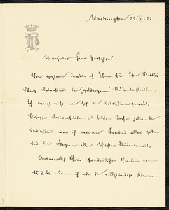 Holleben, Theodor von, 1838-1913 autograph letter signed to Hugo Münsterberg, Washington, 23 May 1902