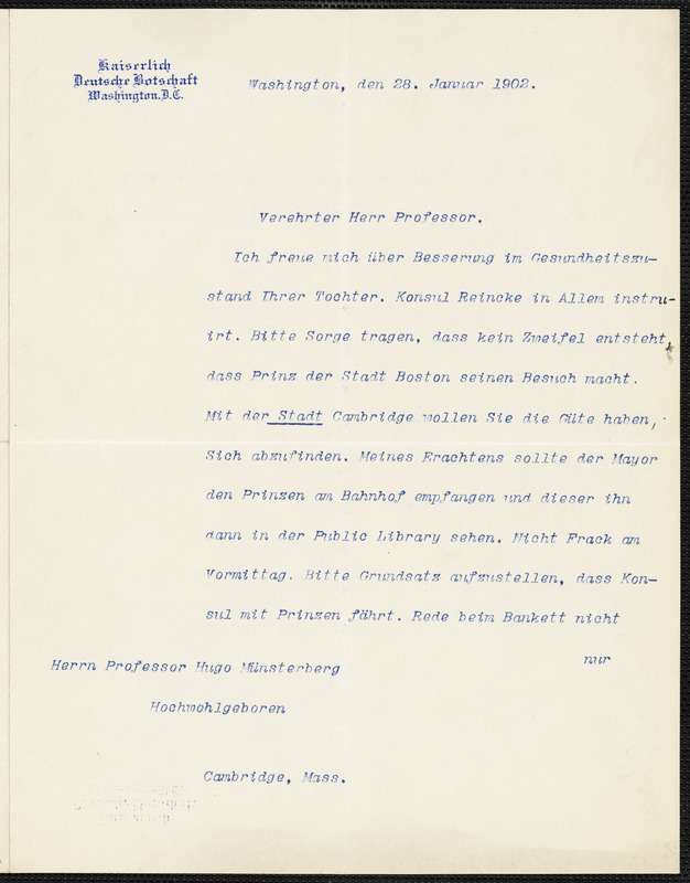 Holleben, Theodor von, 1838-1913 typed letter signed to Hugo Münsterberg, Washington, 28 January 1902