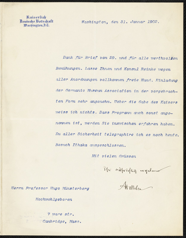 Holleben, Theodor von, 1838-1913 typed letter signed to Hugo Münsterberg, Washington, 31 January 1902