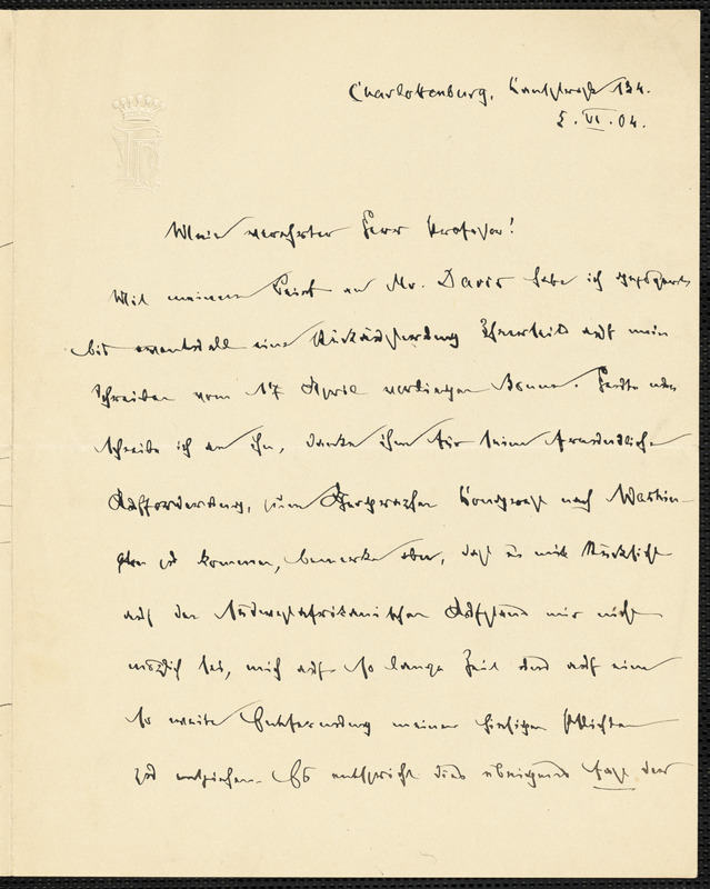 Holleben, Theodor von, 1838-1913 autograph letter signed to Hugo Münsterberg, Charlottenburg, Ger., 5 June 1904