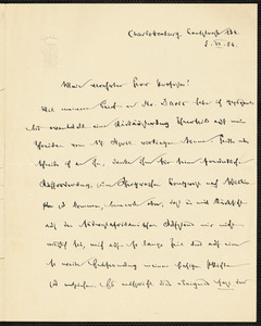 Holleben, Theodor von, 1838-1913 autograph letter signed to Hugo Münsterberg, Charlottenburg, Ger., 5 June 1904