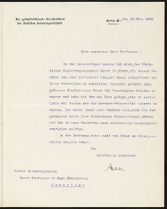 Holleben, Theodor von, 1838-1913 typed letter signed to Hugo Münsterberg, Berlin, 23 March 1908