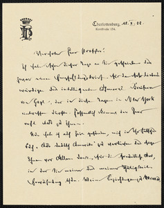 Holleben, Theodor von, 1838-1913 autograph letter signed to Hugo Münsterberg, Charlottenburg, Ger., 18 October 1908