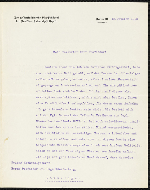 Holleben, Theodor von, 1838-1913 typed letter signed to Hugo Münsterberg, Berlin, 13 October 1908