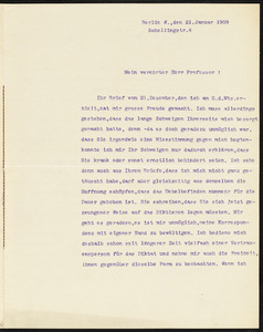 Holleben, Theodor von, 1838-1913 typed letter signed to Hugo Münsterberg, Berlin, 21 January 1909