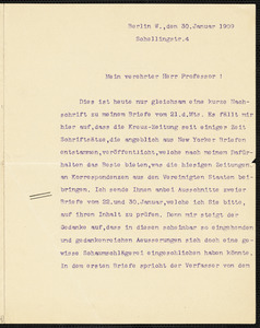 Holleben, Theodor von, 1838-1913 typed letter signed to Hugo Münsterberg, New York, 30 January 1909