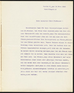 Holleben, Theodor von, 1838-1913 typed letter signed to Hugo Münsterberg, Berlin, 16 March 1909