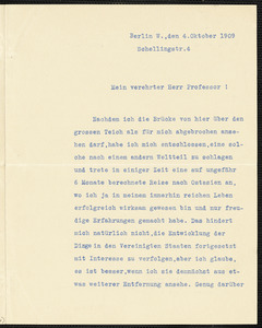 Holleben, Theodor von, 1838-1913 typed letter signed to Hugo Münsterberg, Berlin, 4 October 1909