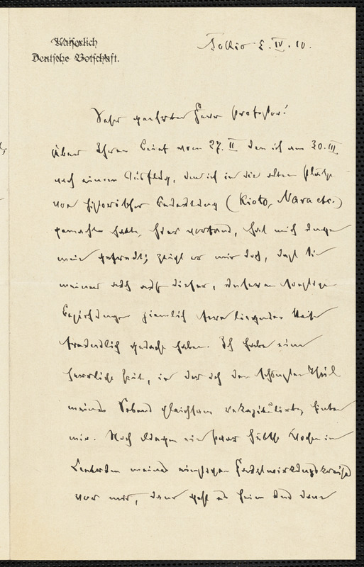 Holleben, Theodor von, 1838-1913 autograph letter signed to Hugo Münsterberg, Tokyo, Japan, 5 April 1910