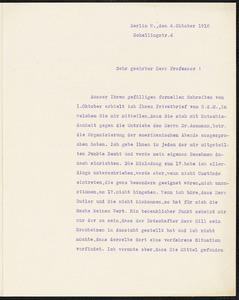 Holleben, Theodor von, 1838-1913 typed letter signed to Hugo Münsterberg, Berlin, 4 October 1910