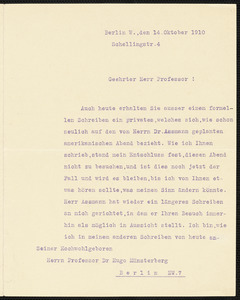 Holleben, Theodor von, 1838-1913 typed letter signed to Hugo Münsterberg, Berlin, 14 October 1910