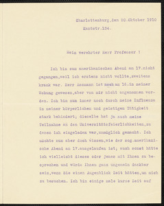 Holleben, Theodor von, 1838-1913 typed letter signed to Hugo Münsterberg, Charlottenburg, Ger., 20 October 1910