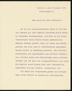 Holleben, Theodor von, 1838-1913 typed letter signed to Hugo Münsterberg, Berlin, 26 January 1911