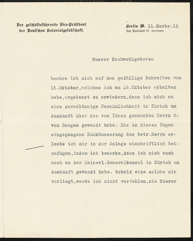 Holleben, Theodor von, 1838-1913 typed letter signed to Hugo Münsterberg, Berlin, 11 November 1912