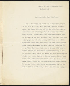 Holleben, Theodor von, 1838-1913 typed letter signed to Hugo Münsterberg, Berlin, 29 December 1912