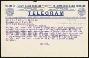 Holleben, Theodor von, 1838-1913. telegram to to Hugo Münsterberg, Washington, D.C., 23 January