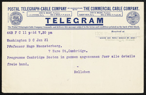 Holleben, Theodor von, 1838-1913. telegram to to Hugo Münsterberg, Washington, D.C., 31 January