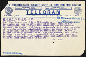 Holleben, Theodor von, 1838-1913. telegram to to Hugo Münsterberg, Washington, D.C., 6 February