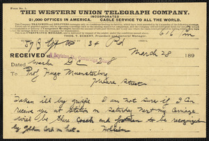 Holleben, Theodor von, 1838-1913. telegram to to Hugo Münsterberg, Washington, D.C., 28 March 189-