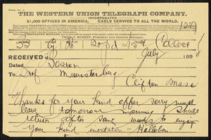 Holleben, Theodor von, 1838-1913. telegram to to Hugo Münsterberg, Washington, D.C., July 189-