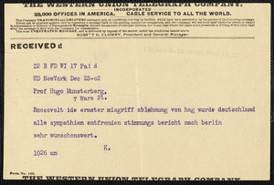 Holleben, Theodor von, 1838-1913. telegram to to Hugo Münsterberg, Washington, D.C., 23 December