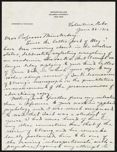 Hollingworth, Harry L. (Harry Levi), 1880-1956 autograph letter signed to Hugo Münsterberg, Valentine, Neb., 26 June 1912