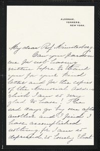 Holls, Caroline M. (Sayles) autograph letter signed to Hugo Münsterberg, Yonkers, N.Y., 16 November 1903