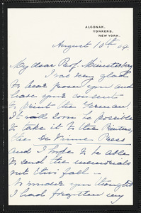 Holls, Caroline M. (Sayles) autograph letter signed to Hugo Münsterberg, Yonkers, N.Y., 10 August 1904