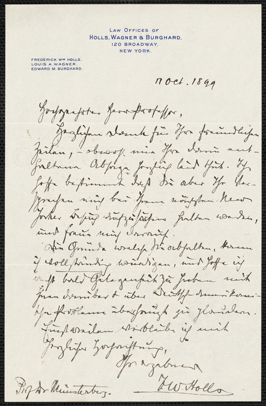 Holls, Frederick William, 1857-1903 autograph letter signed to Hugo Münsterberg, New York, 11 October 1899