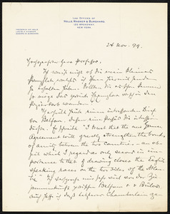 Holls, Frederick William, 1857-1903 autograph letter signed to Hugo Münsterberg, New York, 24 November 1899