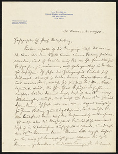 Holls, Frederick William, 1857-1903 autograph letter signed to Hugo Münsterberg, New York, 30 November 1900