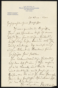 Holls, Frederick William, 1857-1903 autograph letter signed to Hugo Münsterberg, New York, 20 December 1900