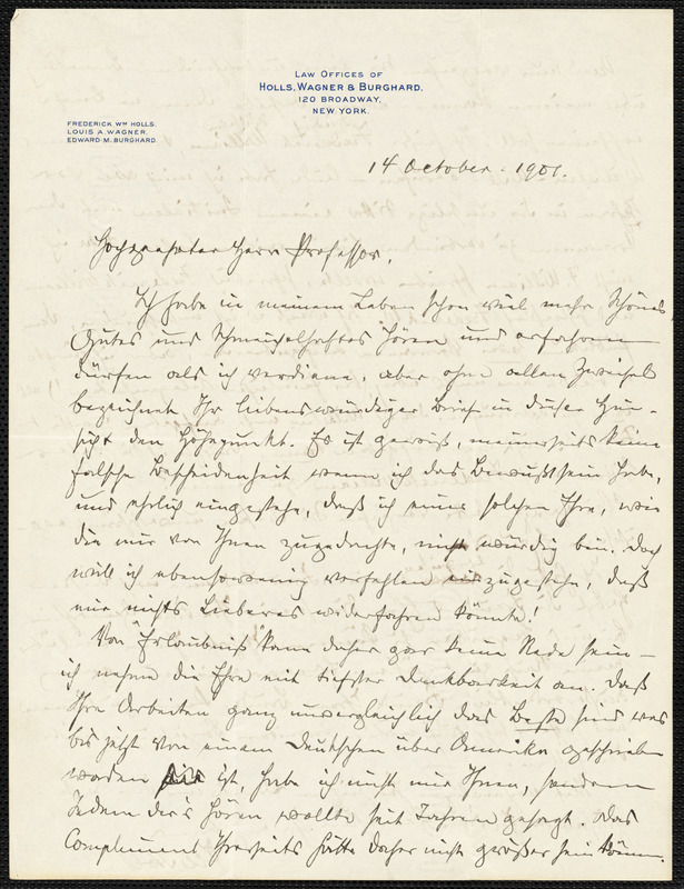 Holls, Frederick William, 1857-1903 autograph letter signed to Hugo Münsterberg, New York, 14 October 1901