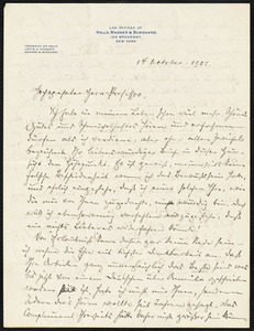 Holls, Frederick William, 1857-1903 autograph letter signed to Hugo Münsterberg, New York, 14 October 1901
