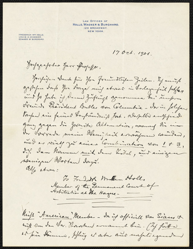 Holls, Frederick William, 1857-1903 autograph letter signed to Hugo Münsterberg, New York, 17 October 1901