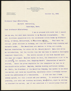 Holls, Frederick William, 1857-1903 typed letter signed to Hugo Münsterberg, New York, 25 October 1901