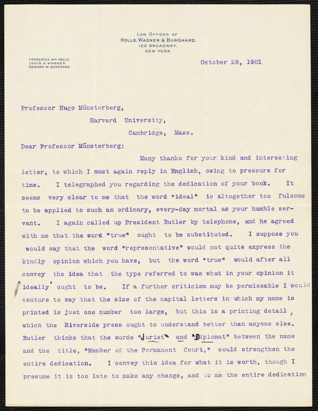 Holls, Frederick William, 1857-1903 typed letter signed to Hugo Münsterberg, New York, 28 October 1901