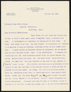 Holls, Frederick William, 1857-1903 typed letter signed to Hugo Münsterberg, New York, 28 October 1901