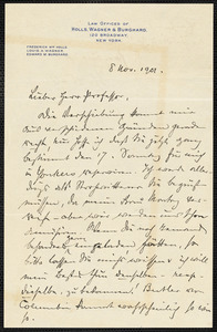 Holls, Frederick William, 1857-1903 autograph letter signed to Hugo Münsterberg, New York, 8 November 1901