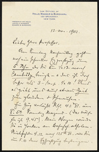 Holls, Frederick William, 1857-1903 autograph letter signed to Hugo Münsterberg, New York, 12 November 1901