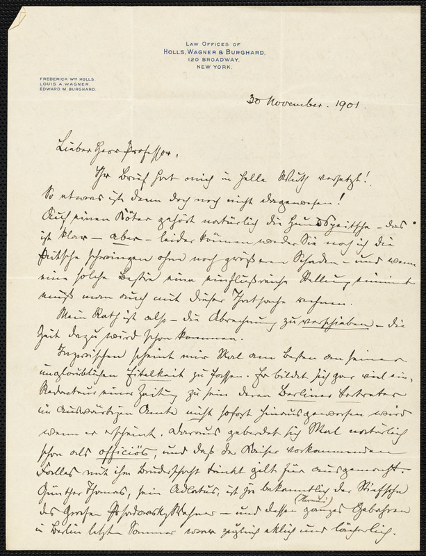 Holls, Frederick William, 1857-1903 autograph letter signed to Hugo Münsterberg, New York, 30 November 1901