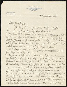 Holls, Frederick William, 1857-1903 autograph letter signed to Hugo Münsterberg, New York, 30 November 1901