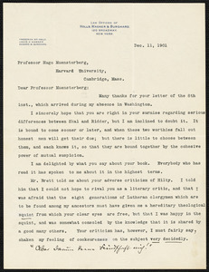 Holls, Frederick William, 1857-1903 typed letter signed to Hugo Münsterberg, New York, 11 December 1901