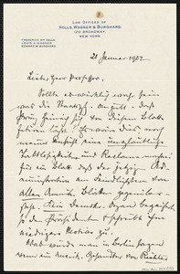 Holls, Frederick William, 1857-1903 autograph letter signed to Hugo Münsterberg, New York, 21 January 1902