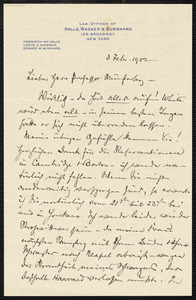 Holls, Frederick William, 1857-1903 autograph letter signed to Hugo Münsterberg, New York, 3 February 1902