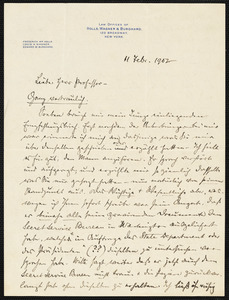 Holls, Frederick William, 1857-1903 autograph letter signed to Hugo Münsterberg, New York, 11 February 1902